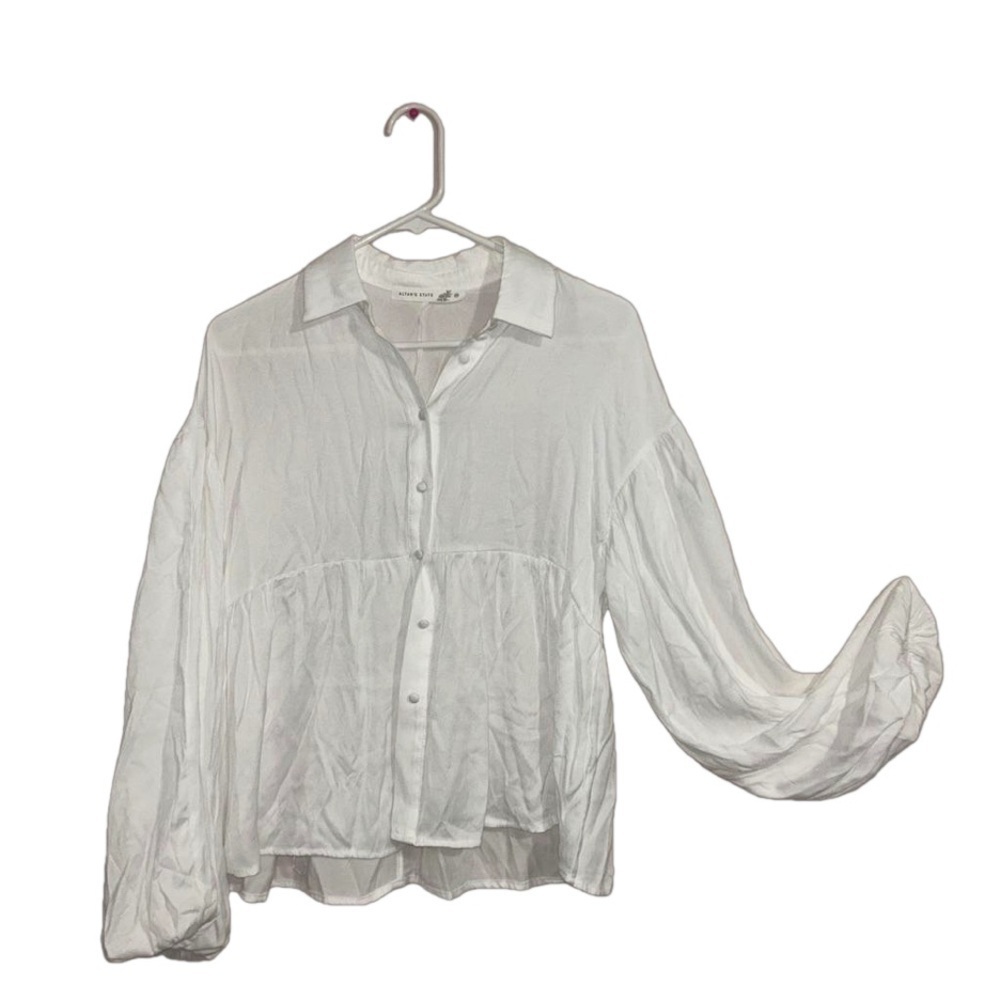 Altar’d State White Baby Doll Button Up Puff Sleeve Top Size XS